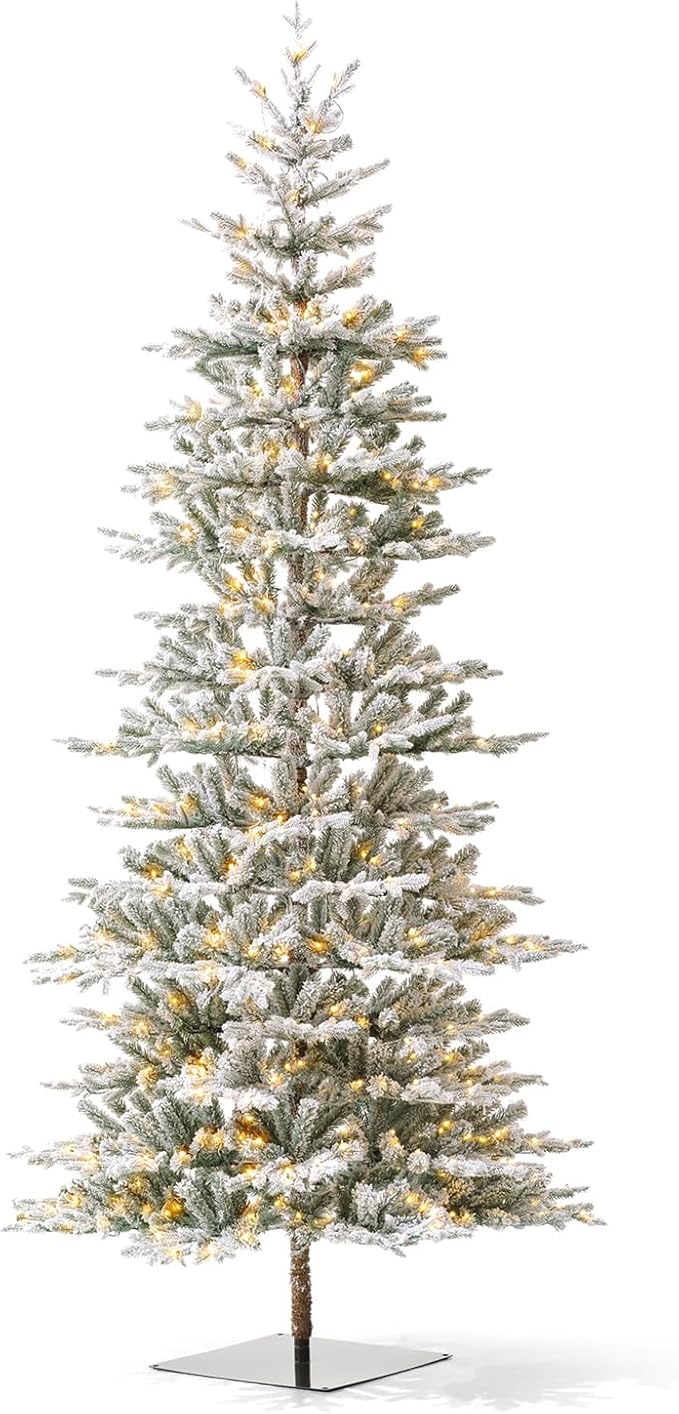 Glitzhome 10ft Deluxe Pre-Lit Flocked Artificial Christmas Tree, Majestic Frostfall Fir Hinged Holiday Xmas Tree with 700 Warm White Lights, Three Function, Easy Assembly