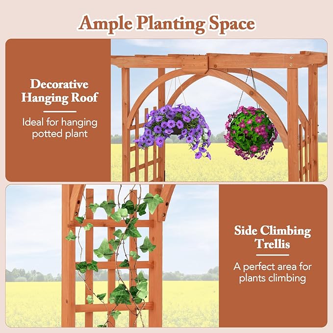 Happygrill Wood Garden Arbor, 84 Inch Outdoor Archway Pergola w/Decorative Hanging Roof & Side Climbing Trellis, Garden Arch for Climbing Plants, Wedding Ceremony Decoration, Lawn, Party