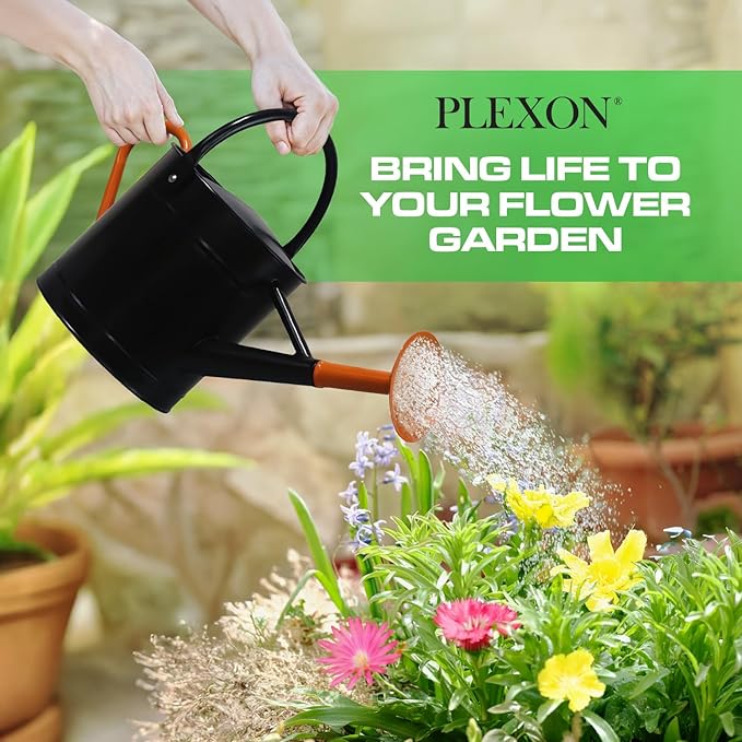 Plexon 1 Gallon Metal Watering Can Outdoor, Flower Plant Gardening Garden Large Watering Can Pot Pitcher, Steel Orange Handles and Removable Spray Spout, Black