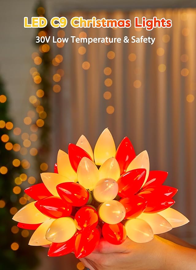 C9 Christmas Lights Outdoor Waterproof, 81 Feet 100 LED String With Timer & 8 Light Mode, Connectable Christmas Tree for Indoor Outside Roofline Patio Decorations, Red & Warm White