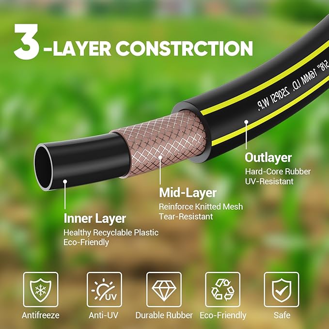 Garden Hose Set 200FT - PHLEX PRO Heavy-Duty Premium 5/8'' Rubber 3-Layer Water Hose - Innovation Flexible Hybrid Lightweight Water Hose with 10 Pattern Spray Nozzle, Full Brass Male to Female Fitting