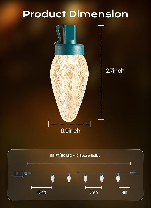 C9 Christmas Lights Outdoor, 72 FT 110 LED C9 String Lights, 8 Modes & Timer Connectable Waterproof for Christmas Tree light Indoor Outdoor Roofline Patio Outside Yard Xmas Decor, Warm White 2 Pack