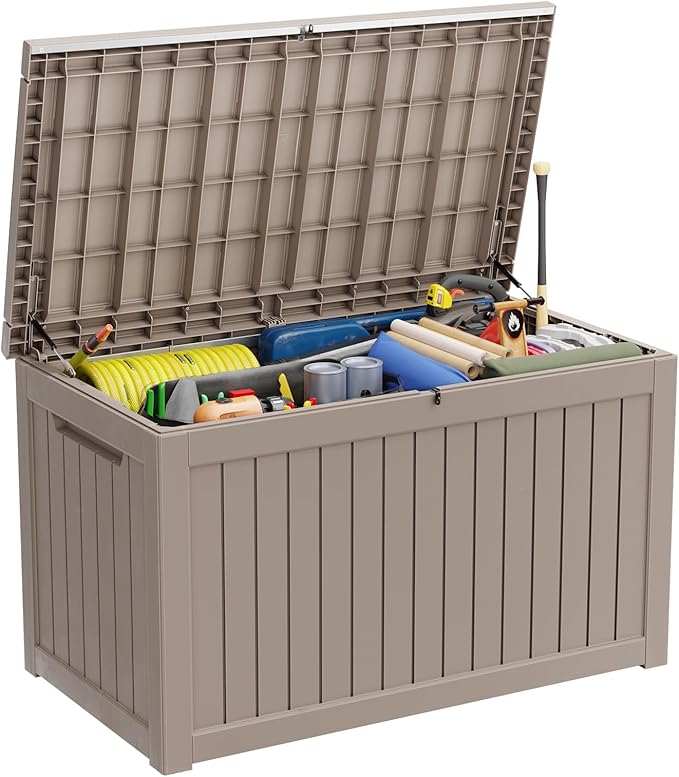 Deck Box - 230 Gallon Large Outdoor Storage box,Waterproof Patio Furniture and Storage Deck - Lockable and UV Resistant, Perfect for Pool and Outdoor Use, Weatherproof Resin, Lockable (Light Brown) -