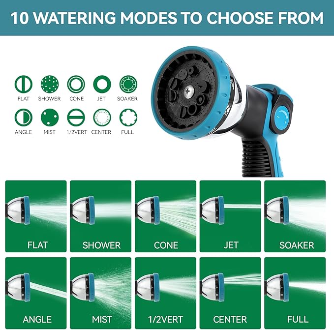 Garden Water Hose Nozzle Metal Heavy Duty Sprayer Thumb Control with 10 Spray Modes Suitable for Watering Plants, Iawn and Garden, Car Washing, Cleaning, Showering Pets and Outdoor Fun, Blue