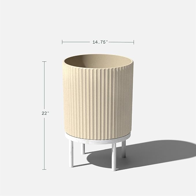 Veradek Demi Series Round Planter w/Stand for Porch/Patio | Durable Plastic-Stone Composite & Wooden Stand | Modern Décor for Tall Plants, Flowers