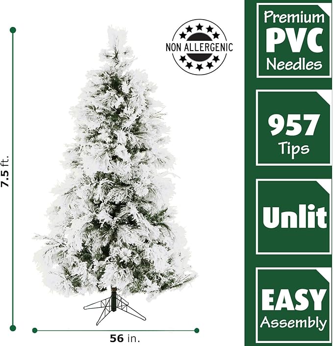 Fraser Hill Farm 7.5-ft. Snowy Pine Flocked Christmas Tree, Fake Snowy Artificial Tree, Festive Indoor Holiday Decoration