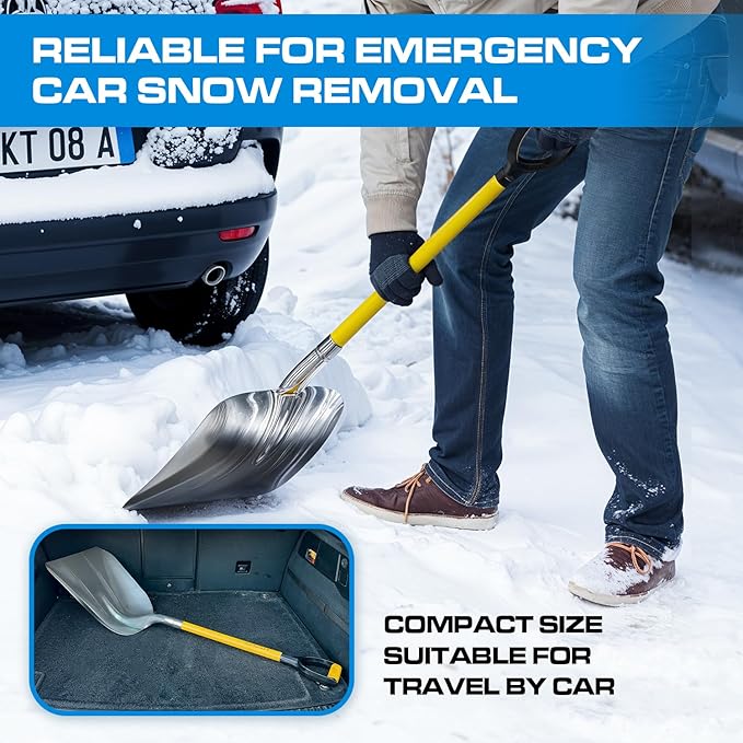 Plexon Metal Scoop Shovel 15" Blade - Aluminium Steel Snow Shovel for Driveway - Heavy Duty Snow Shovel for Car - Fiberglass Handle & Plastic D-Grip - Outdoor Garden Yard, 48" Length