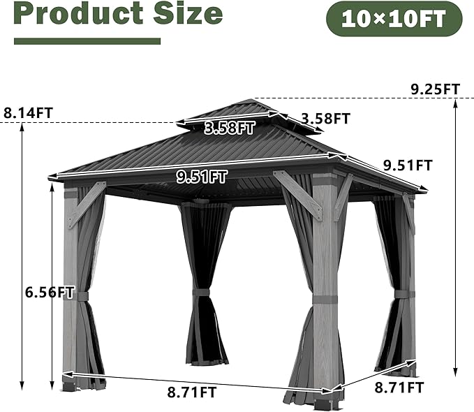 10'x10' Hardtop Wood Gazebo, Outdoor Double Roof Galvanized Steel Top Gazebo with Wooden Post, Curtains & Netting for Backyard, Patio, Deck (10x10 FT)