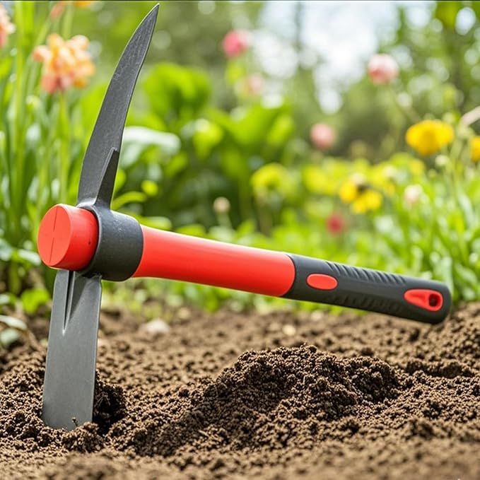 2 PCS 15 Inch Garden Pick Mattock, Pick Axe with Red Fiberglass Handle, Garden Mattock Pickaxe Tool for Gardening, Cultivating, Forged Steel Head