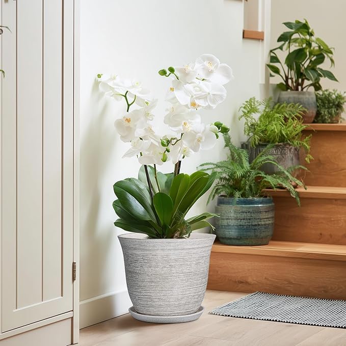 Ceramic Flower Pots - 10 Inch Plant Pot with Drainage Hole and Saucer, Round Planter for Indoor Outdoor, Modern Planters, Large Flower Pot, Home Porch Garden Decor, Plant Lover Gifts, Grey