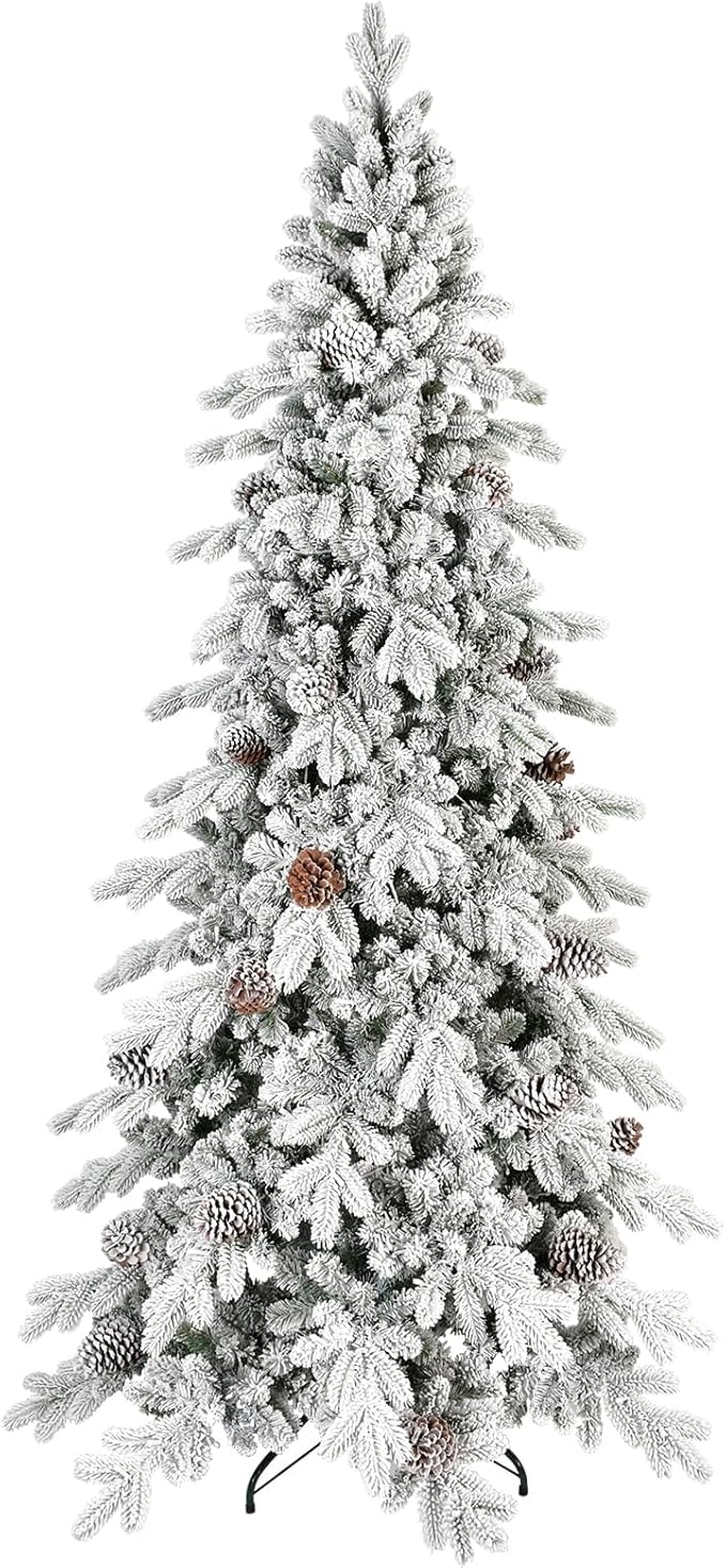 7.5 FT Snow Flocked Slim Fir Christmas Tree with 1424 PE & PVC Mixed Branch Tips,Unlit Artificial Skinny Pencil Xmas Tree with 40 Pine Cones,Hinged Premium Xmas Trees for Home,Office,Party Decoration