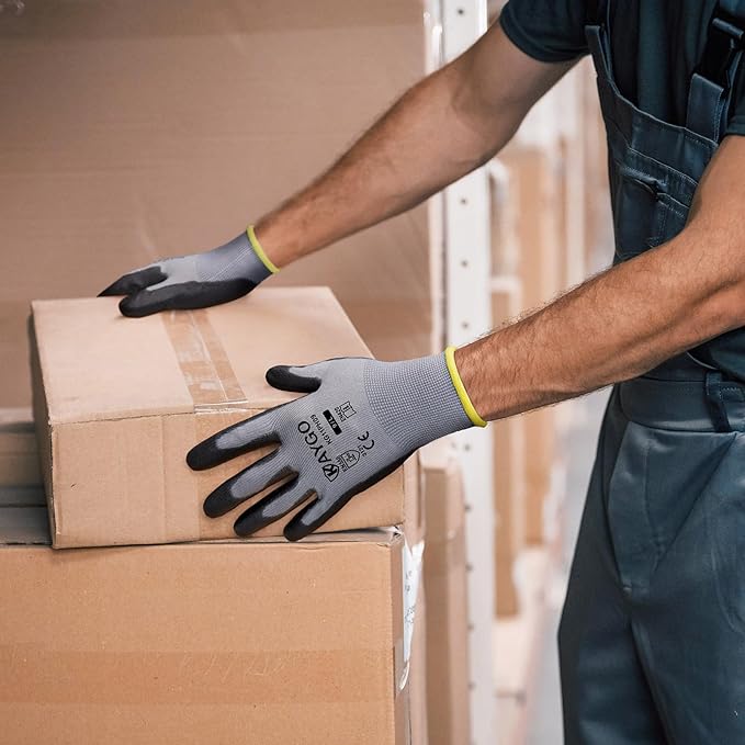 KAYGO Safety Work Gloves PU Coated-12 Pairs, KG11PB, Seamless Knit Glove with Polyurethane Coated Smooth Grip on Palm & Fingers, for Men and Women(X-Large (Pack of 12), Grey)