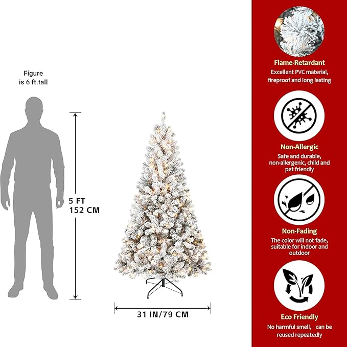5FT Pre-Lit Flocked Christmas Tree with 150 Warm White Lights, Full White Christmas Tree with Premium PVC Branches,Realistic Snowy Look, Indoor Fake Snow Xmas Tree for Home Office Shops