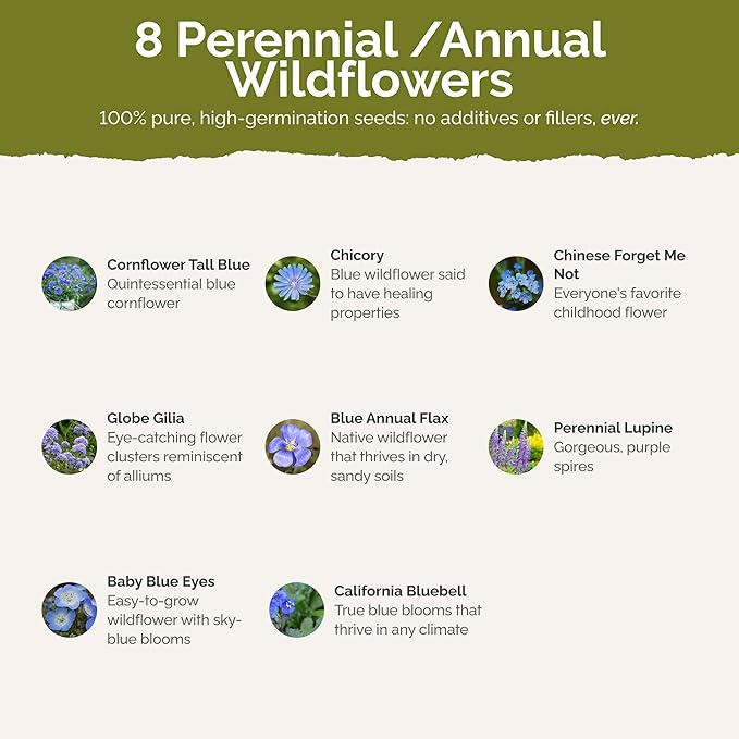 Eden Brothers Singin the Blues Wildflower Mixed Seeds for Planting, 5 lb, 2,400,000+ Seeds with Blue Flax, Lupine, Chicory, Attracts Pollinators, Plant in Spring or Fall, Zones 3, 4, 5, 6, 7, 8, 9, 10