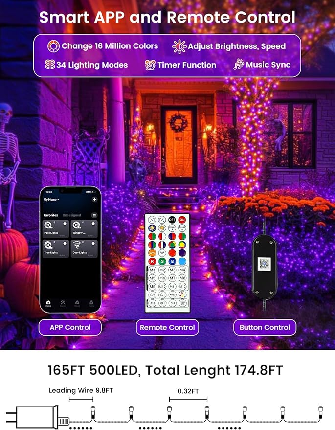 Smart Color Changing Halloween Lights with Remote & APP, 175FT 500 LED RGB Dimmable Halloween String Lights, Waterproof Fairy Twinkle Light for Indoor Outdoor Xmas Tree Wedding Christmas Decorations