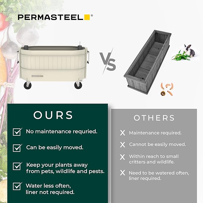 Permasteel Self-Watering Garden Bed, Rolling Planter for Vegetables, Flowers, Herbs, and Fruit, Outdoor Indoor, Caster Wheels, Ivory
