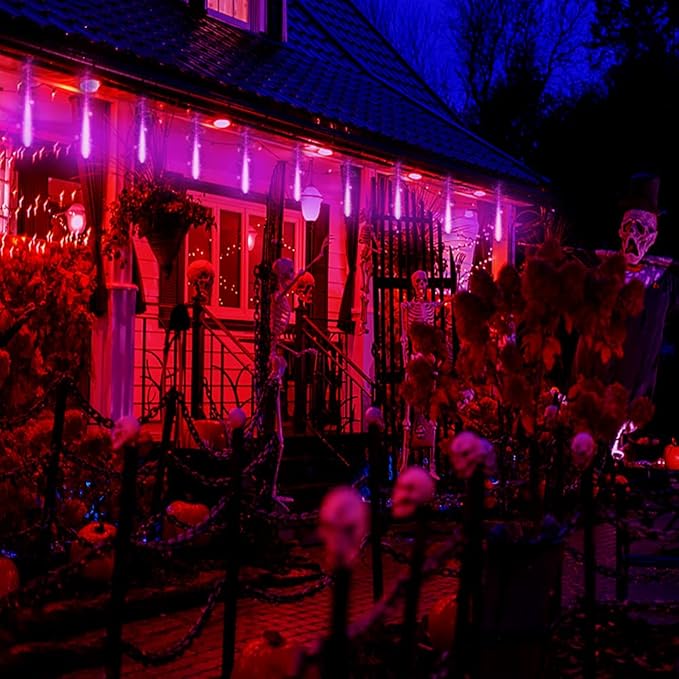 Kwaiffeo Halloween Lights, 24 Tubes Meteor Shower Light(Equivalent to 3 Sets of 8-Tube) for Halloween Christmas Decorations Outdoor, Purple Lights for Xmas Party Yard Tree Decor, UL Plug