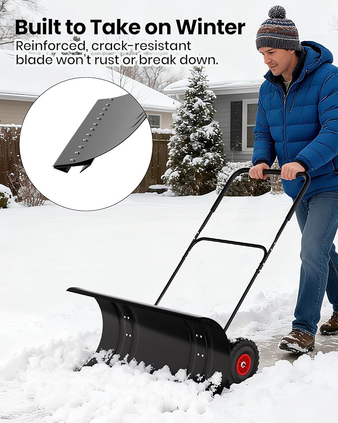 29" Snow Pusher Shovel with Wheels, Adjustable Ergonomic U-Handle Snow Plow for Driveway, Heavy Duty Wheeled Rolling Shovels for Driveway and Sidewalks with Angeled Blade