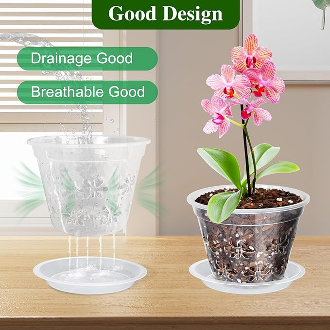 Orchid Pot, 8 Pack 5 inch Orchid Pots with Holes & Saucers, Clear Plastic Pot for Repotting, Breathable Ventilation Planters for Phalaenopsis, Dendrobium & Oncidium Orchids