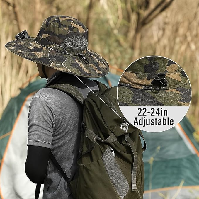 Solar Powered Fan Hat for Men & Women – UPF50+ Wide Brim Camo Sun Hat for Outdoor Hiking, Fishing, Camping, Gardening – Cooling Bucket Hat with USB Rechargeable Fan, UV Protection, Breathable Design