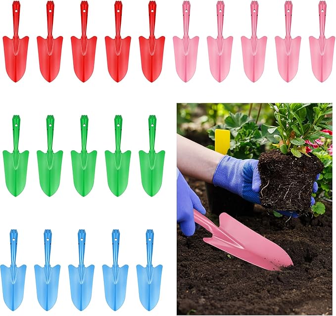 20 Pack Mini Colorful Metal Hand Shovel Digging Trowel Set Transplanting Garden Shovel for Flower Soil Planting Succulent Women Men Gift Indoor Outdoor, 4 Colors Gardening Tools 11 x 3 Inch