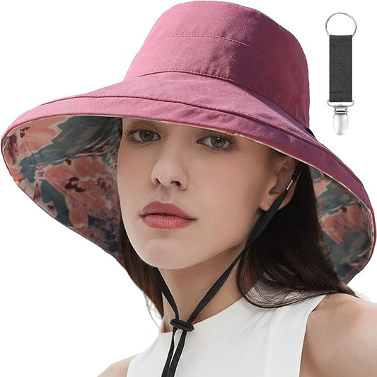 vidsel Womens Sun Hats Wide Brim Reversible Bucket Cotton Hat Packable Summer Travel Cap with Hat Clip,UV Protection
