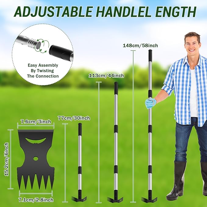 Long Handle Weed Puller Tool – 2-in-1 Handle Garden Hoe and Weed Rake, Hoe Garden Tool for Home Gardens, Lawns, and Yards