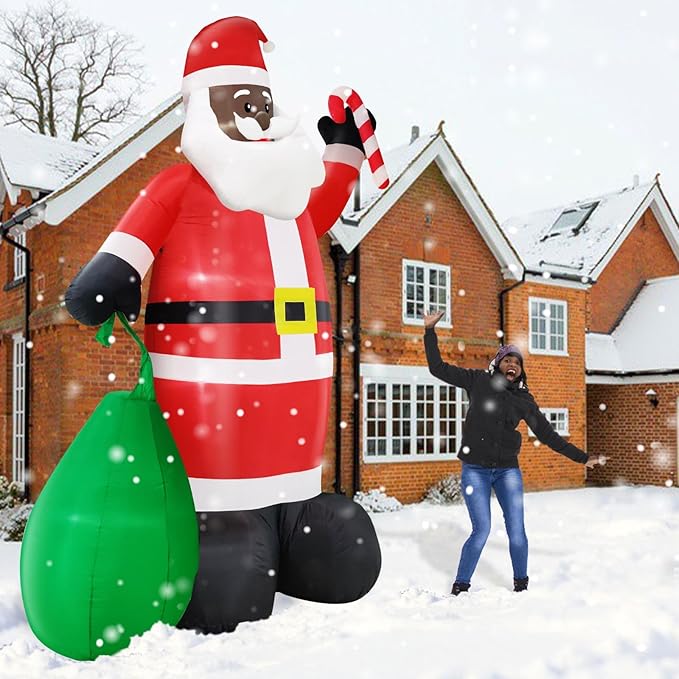 12 Ft by 7.5 Ft Giant Black Santa Christmas Inflatable Outdoor Decoration, Santa Claus Blow Up Inflatable with Candy Cane Gift Bag, Black Christmas Yard Decor Built-in LED Light for Xmas Lawn Garden