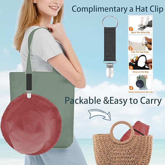 vidsel Womens Sun Hats Wide Brim Reversible Bucket Cotton Hat Packable Summer Travel Cap with Hat Clip,UV Protection