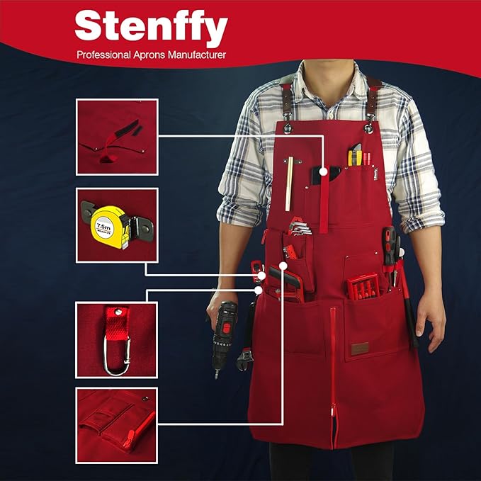 Woodworking Apron, Tool Apron, Canvas, Multiple Pockets, Adjustable Zipper, Metal Ring, Tape Measure Clip, Plus Size, Red