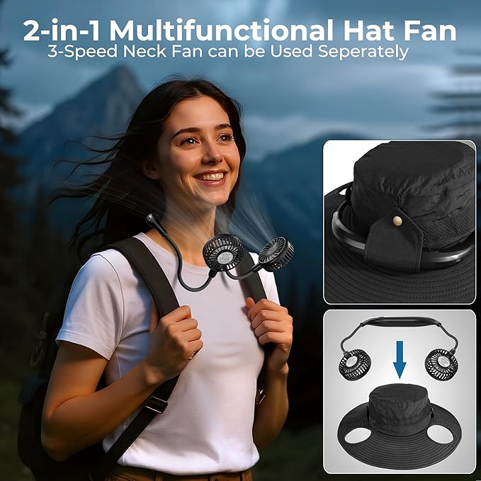 2-in-1 Hands-Free Hat Fan Neck Fan UPF 50+ Wide Brim Sun Hat 16Hrs Running 3-Speed Fishing Essentials for Men Women