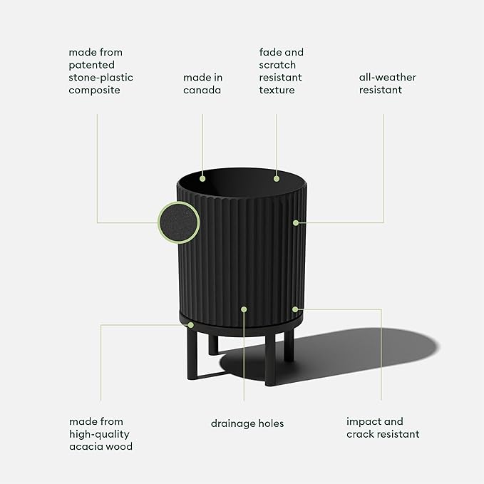 Veradek Demi Series Round Planter w/Stand for Porch/Patio | Durable Plastic-Stone Composite & Wooden Stand | Modern Décor for Tall Plants, Flowers