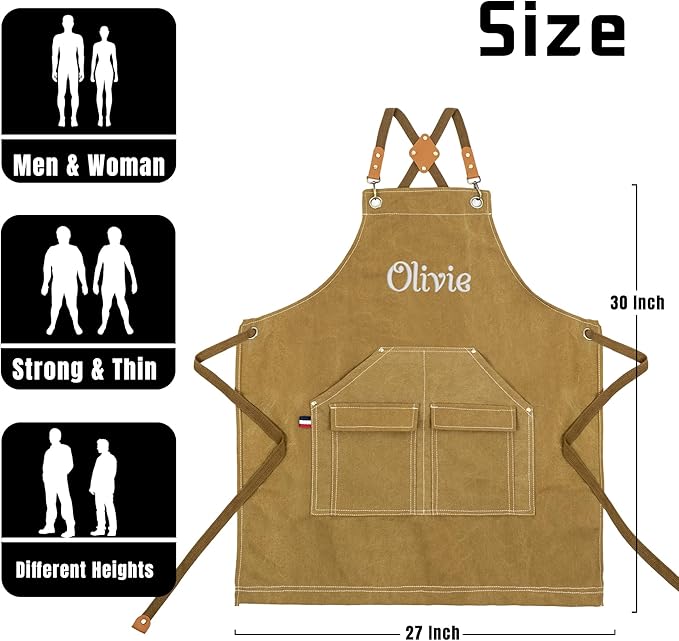Personalized Chef Aprons for Men Women Canvas Cross Back Heavy Duty Work Apron for Coffee Shop Bartender Bistro Woodworking