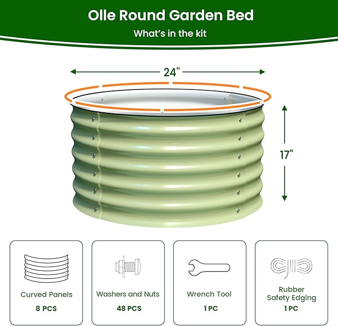 Olle Twin Round Metal Raised Garden Beds Outdoor for Vegetables, 17" Tall Galvanized Raised Garden Bed Raised Planter Box, Backyard Garden Box Patio Planter Raised Beds, Sage Green 24" X 17"