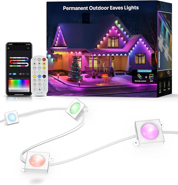 Permanent Outdoor Lights-200FT RGB+IC LED House Eave Light with Smart APP & Remote Control,120 LED Lights,72 Scene Modes, IP65 Waterproof String Lights for Christmas,Yard Decorations