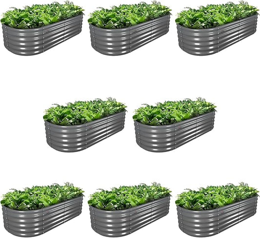A ANLEOLIFE 8 Pcs 6X2X1.5 ft Oval Round Galvanized Raised Garden Beds Outdoor for Planting Vegetables Flowers Herb, Quartz Grey