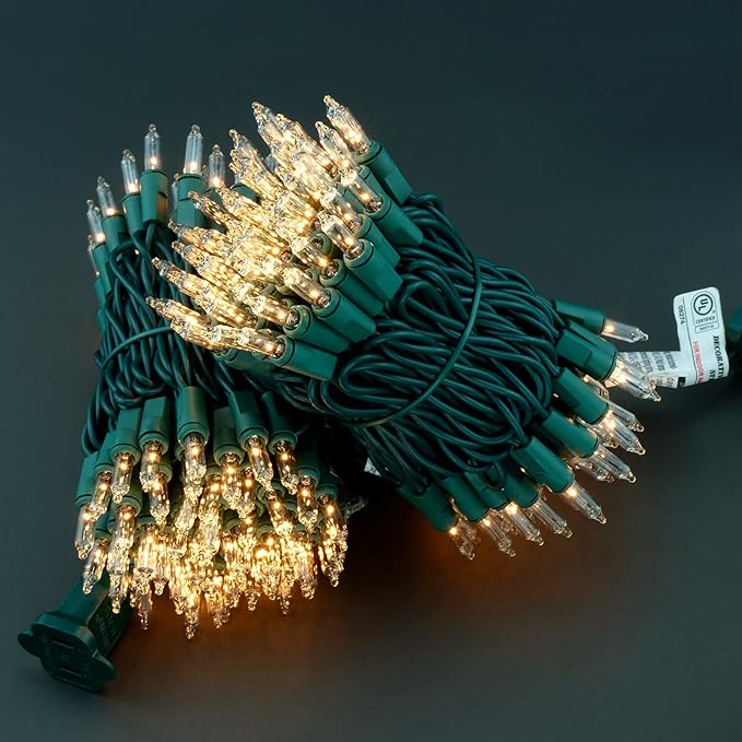 YULETIME 200 Clear Christmas Lights with Green Wire, Pack of 2 Strands of 21 ft 100 Count UL Certified Incandescent Mini String Light (Clear - Green Wire)