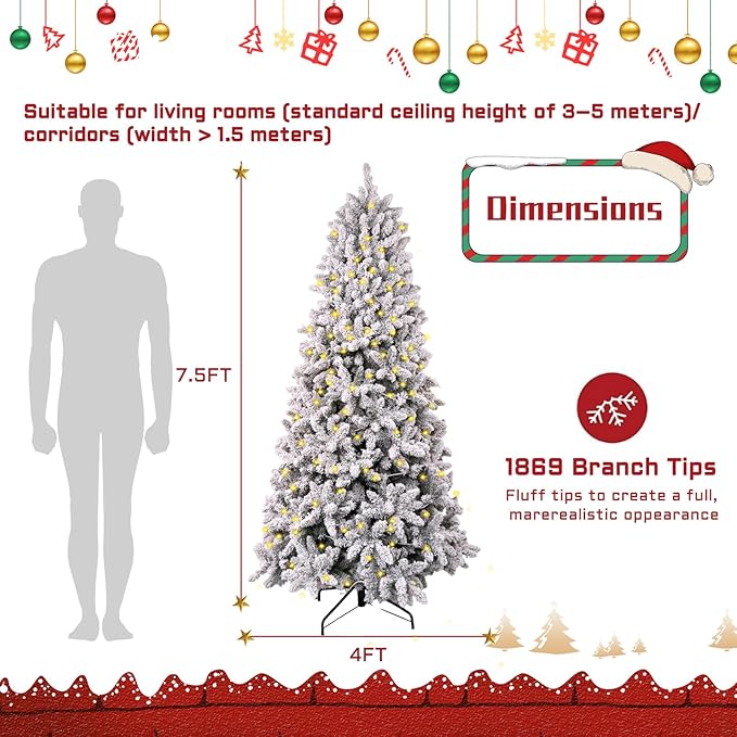 7.5ft Snow Flocked Christmas Tree Pre-lit with 798 Warm & Multi-Color Automatic Lights Christmas Tree with 1869 PVC Branch Tips Xmas Tree for Holiday Home Decor