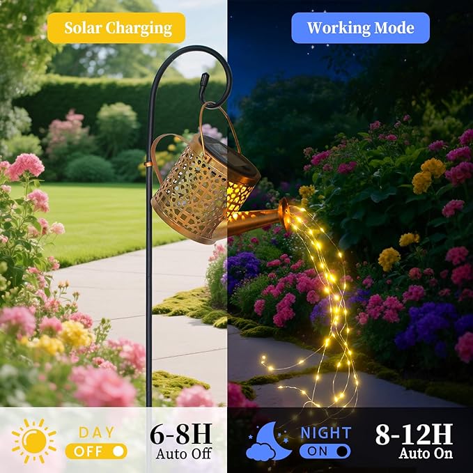 Solar Lights Outdoor Decorative, Metal Solar Watering Can Lights Waterproof, Garden Decor Hanging Lights for Outside Patio Pathway Yard, Christmas Birthday Gardening Gifts