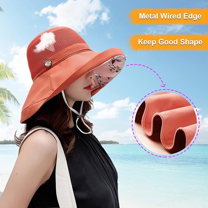 Women Wide Brim Sun Hats Metal Wired Edge Summer UV Protection Beach Fishing Hat for Hiking Garden Travel Chin Strap