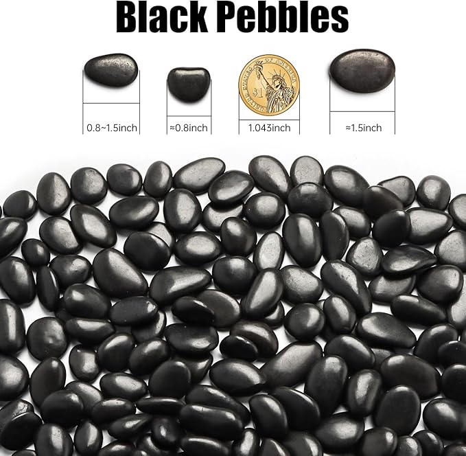 River Rocks 5 Lb, Pebbles for Indoor Plants 0.8"-1.5", Black Rocks for Outdoor Landscaping, Decorative Stones Vase Filler, Fish Tank, Fountain, Succulents, Flower Bed, Black