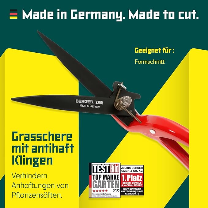 BERGER Commercial Grade Grass Shears, Self-Sharpening Steel Blades with Anti-Stick Coating, Forged Steel Body, Ring Clasp for Hanging Storage, 2200