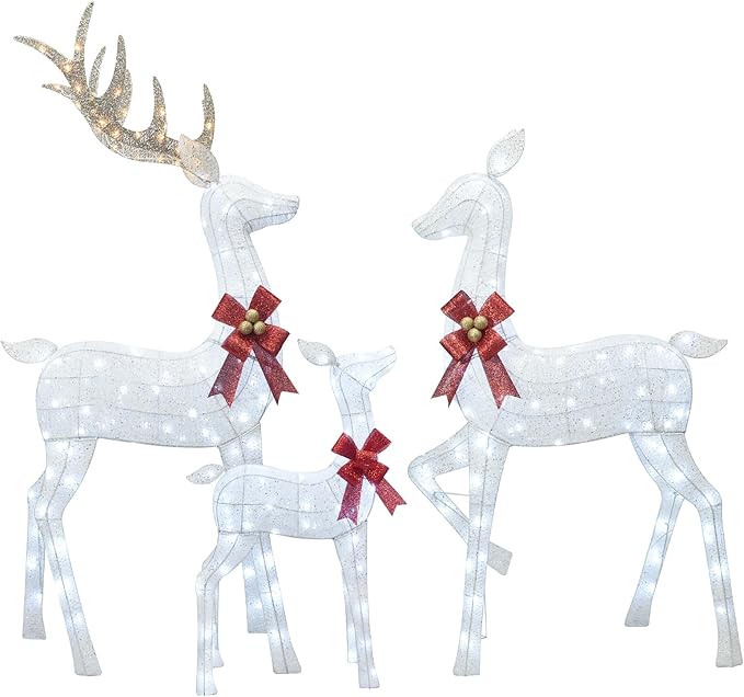 HOYECHI 6.5 FT Oversized Christmas Decorations Outdoor Lighted Reindeer – 3-Piece 3D Deer Family Set with 340 Warm White LED Lights for Yard, Lawn, Garden & Porch Holiday Display - White