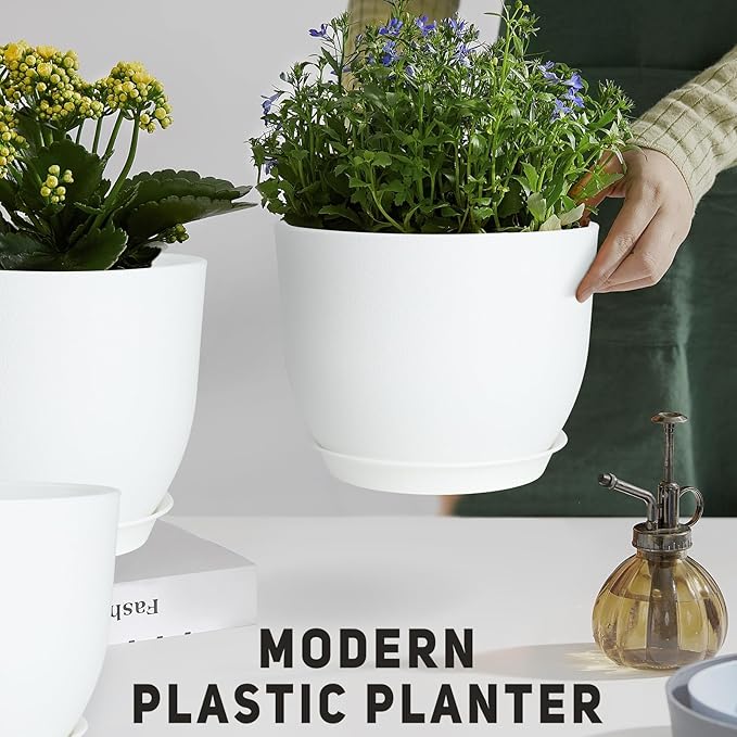 Plant Pots 10/9/8/7.5/7 inch Flower Pots with Multi Mesh Drainage Holes, Planters for Indoor Outdoor Garden Plants and Flowers. (White)