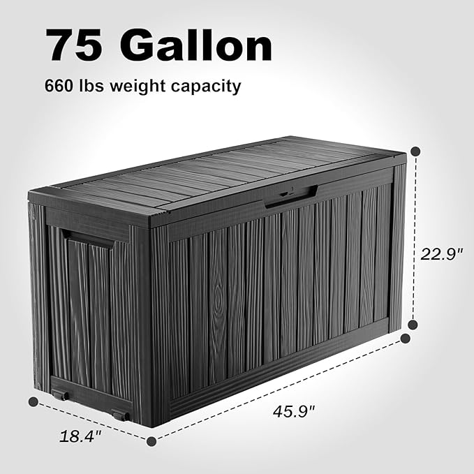 DRATO 75 Gallon Deck Box, Waterproof Resin Large Outdoor Storgae Box for Patio Furniture, Patio Cushions, Gardening Tools, Pool Supplies, Lockable
