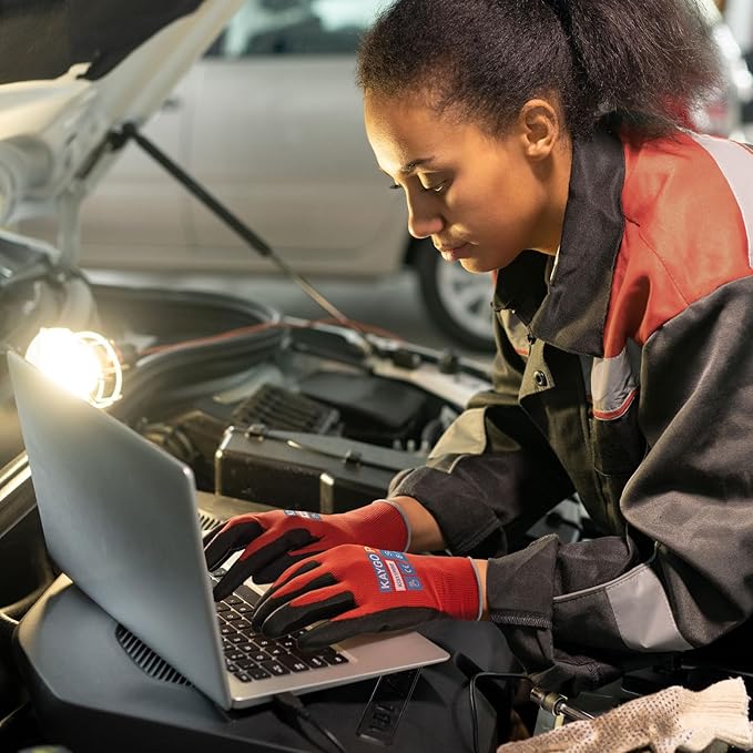 KAYGO Safety Work Gloves PU Coated for Men and Women- KG11P,12 Pairs,Seamless Knit Glove with Two Fingers Touchscreen,Ideal for General Duty Work (Red,S)