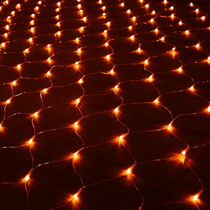 Dazzle Bright Halloween 200 LED Net Lights, 9.8 FT x 6.6 FT Connectable Mesh Lights Clear Wire with 8 Lighting Modes, Halloween Decorations for Indoor Outdoor Bush Yard Garden Decor (Orange)