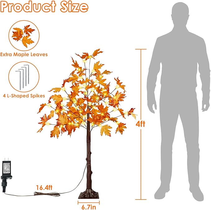 2 Pack 4FT Artificial Lighted Maple Tree, Fall Decorations for Home with Timer, 100 LED Prelit Fall Decor Maple Tree with Warm White Light for Indoor Outdoor Harvest Halloween Thanksgiving Day, Orange