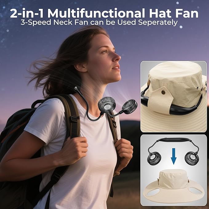 2-in-1 Hands-Free Hat Fan Neck Fan UPF 50+ Wide Brim Sun Hat 16Hrs Running 3-Speed Fishing Essentials for Men Women