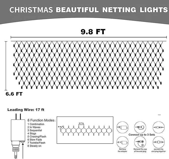 Dazzle Bright Christmas 200 LED Net Lights, 9.8 FT x 6.6 FT Connectable Mesh Lights Clear Wire with 8 Lighting Modes, Christmas Decorations for Indoor Outdoor Bush Yard Garden Decor (Warm White)